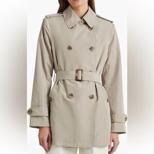 🆕Lauren by Ralph Lauren Double Breasted Faux Horn Taffeta Belted Trench Coat